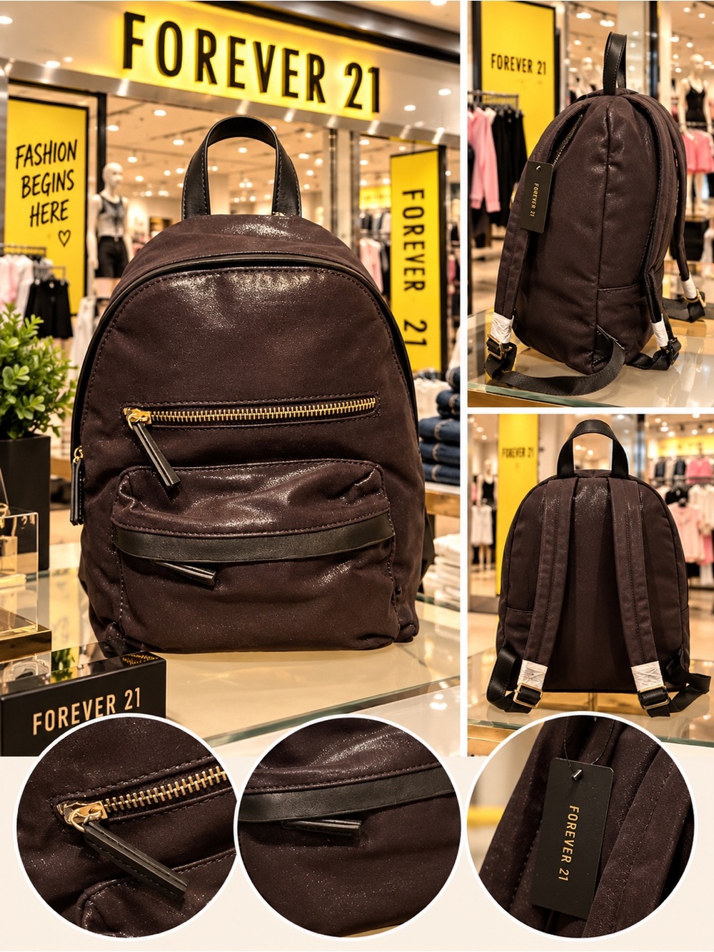 Forever 21 Dark Black  Backpack with Gold Hardware NWT